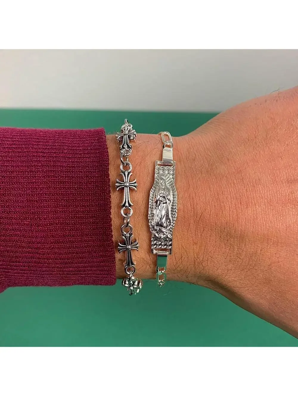 Vintage Y2k Style Silver Saint Marry Cuban Link Figaro Bracelet. Nice quality